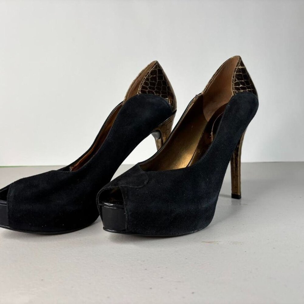 Guess "Lea" Open-Toe Platform Heels in Black Suede Size 5 1/2